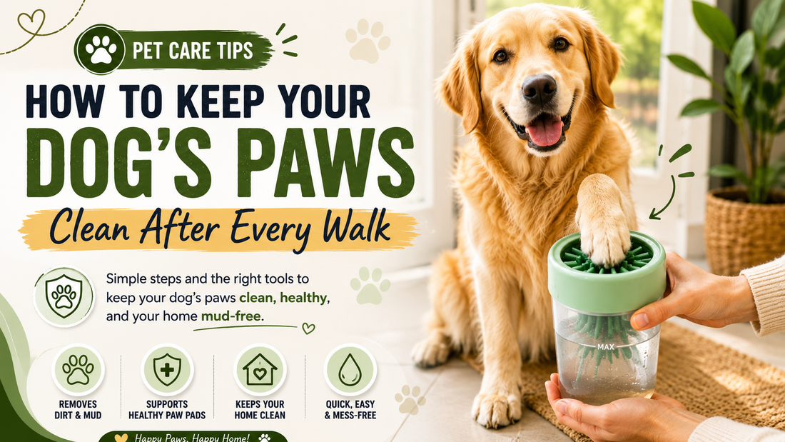 Golden retriever getting its paws cleaned with a portable dog paw cleaner after a walk