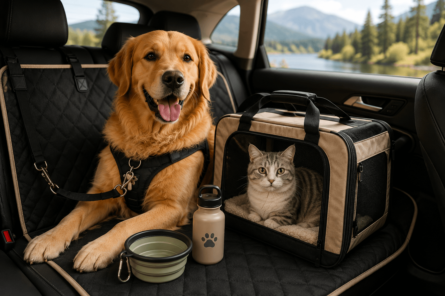 Travel collection featuring a dog in a car with pet travel essentials including a car seat cover, carrier, and travel bowls