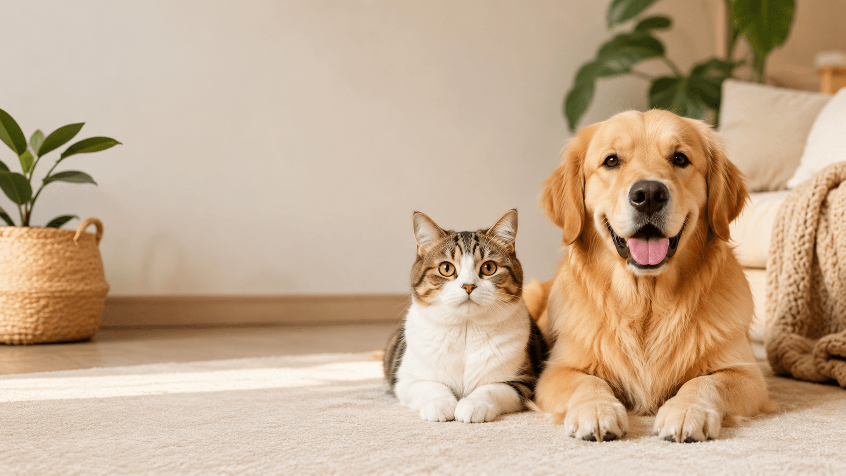 Golden retriever and tabby cat relaxing together in a cozy home, representing premium pet supplies for dogs and cats