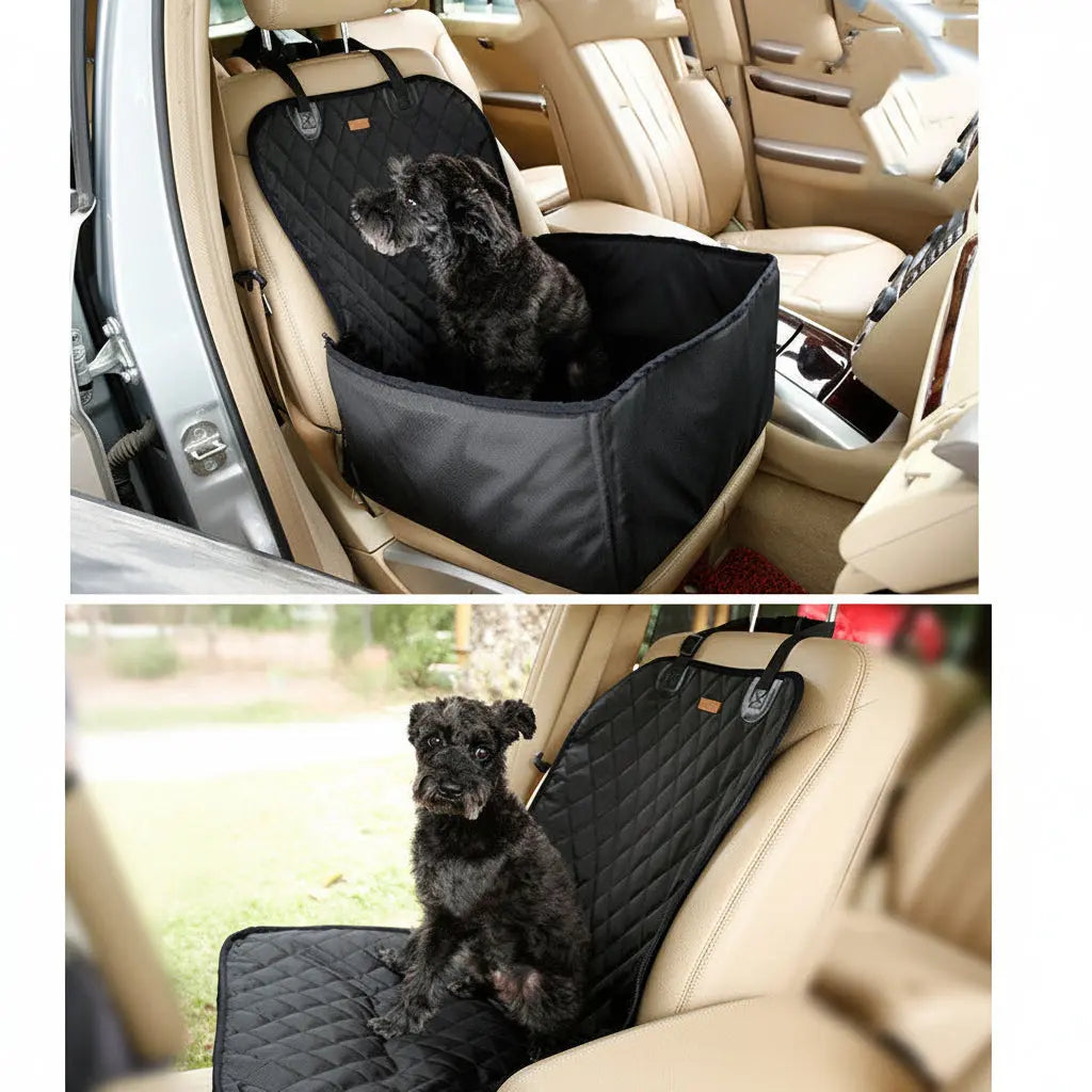 Black dog car seat cover shown in raised bucket configuration and folded flat as bench cover, with dog sitting in each