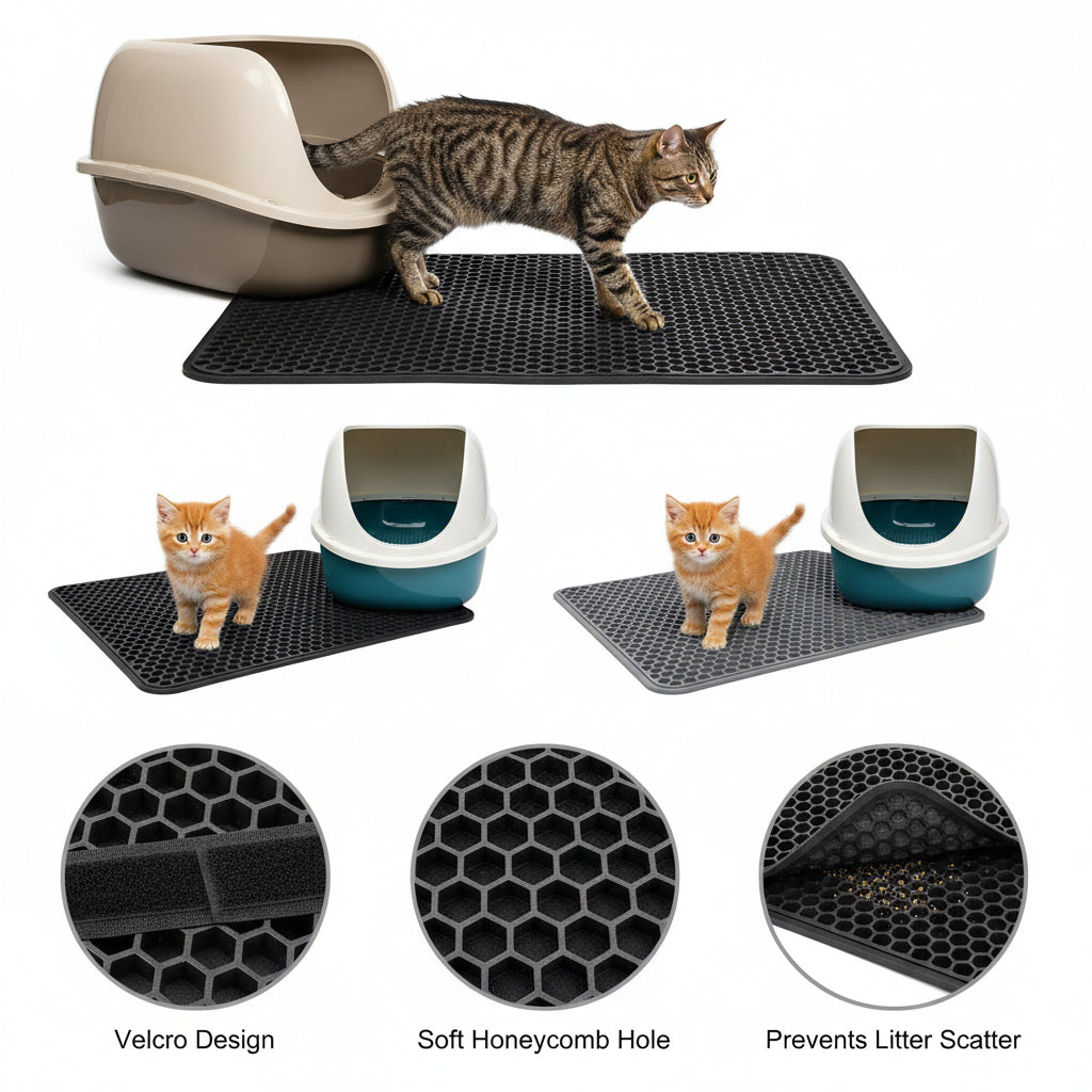 Double layer cat litter trapping mat placed under a litter box to reduce tracked litter