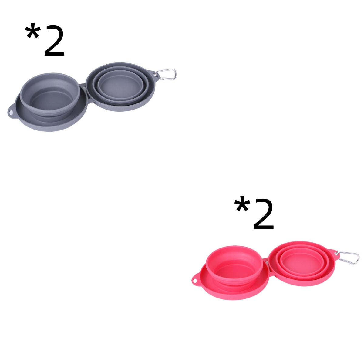 Two gray and two pink collapsible bowls with lids on a white background
