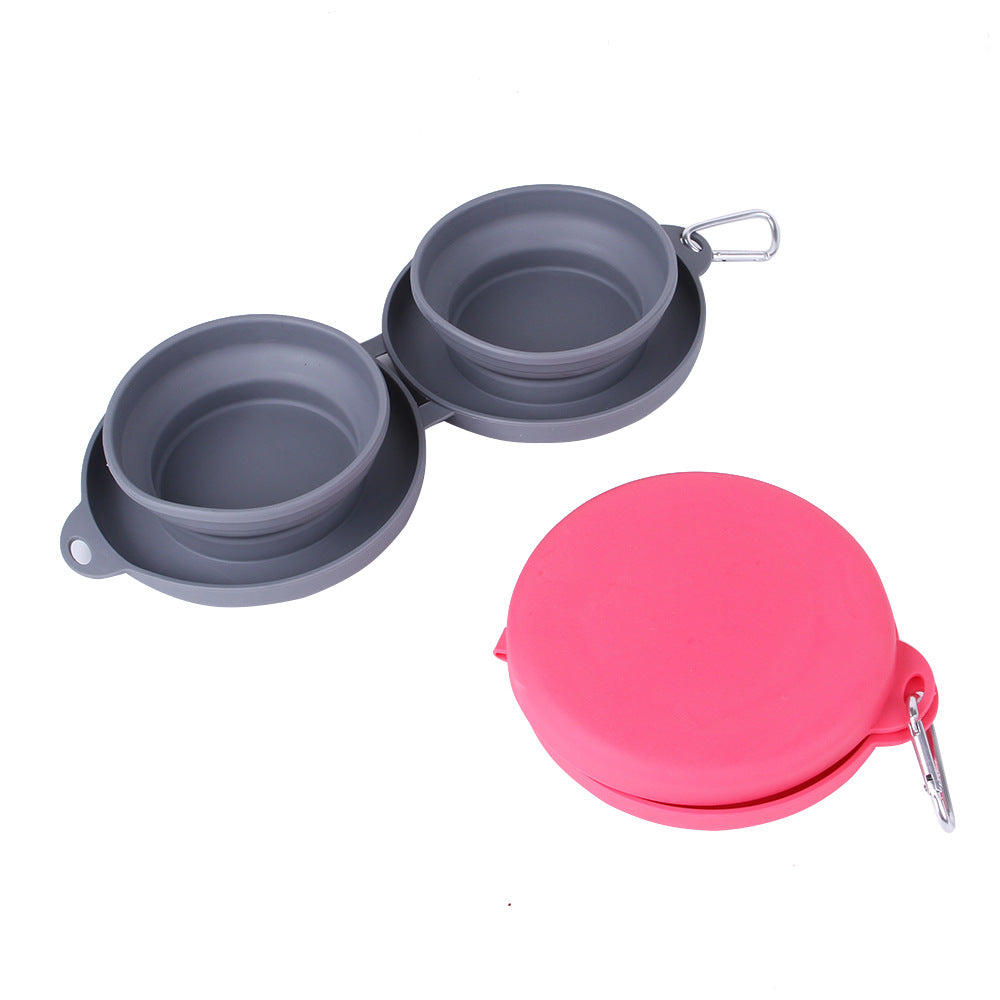 Open foldable double pet bowl with food and water compartments
