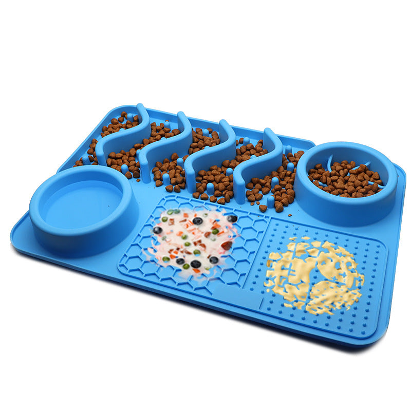 Ocean blue silicone dog slow feeder mat with raised ridges, water bowl, and licking pad compartments