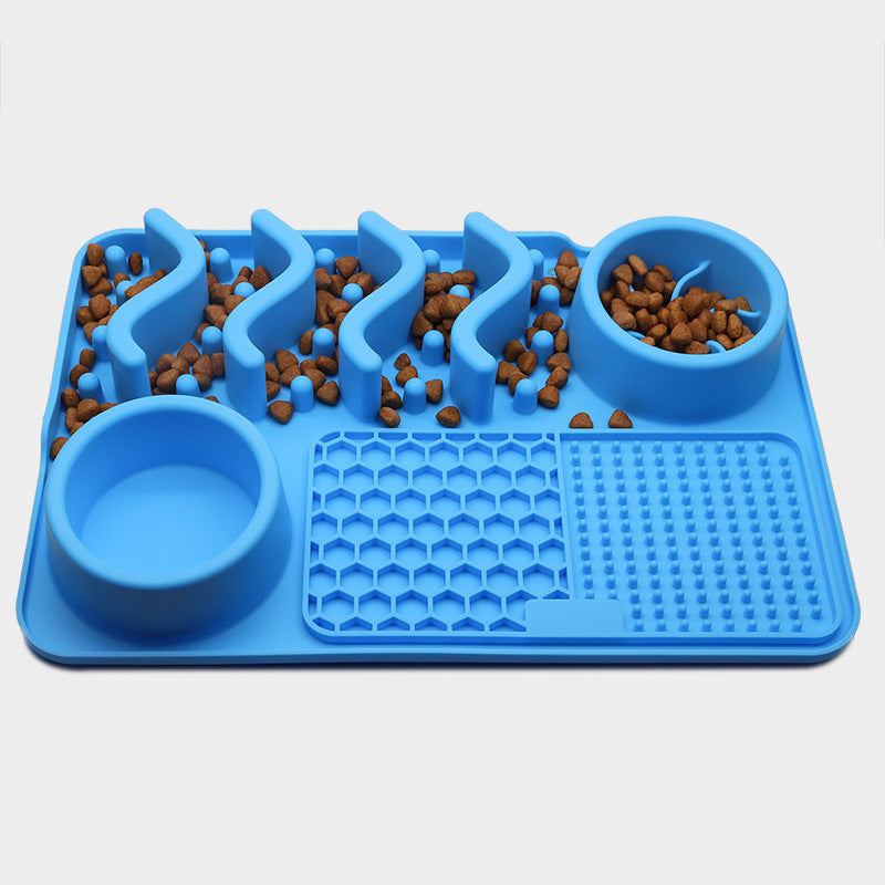 Ocean blue silicone dog slow feeder mat with raised ridges, water bowl, and licking pad compartments