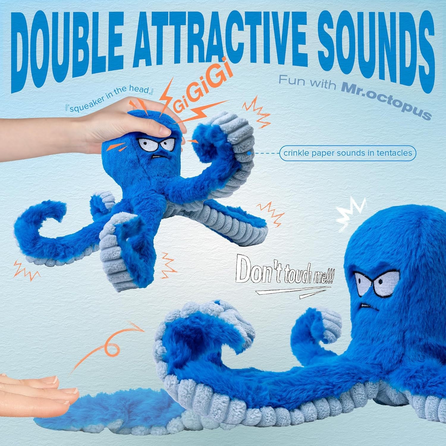 Interactive squeaky octopus dog toy with multiple sound chambers