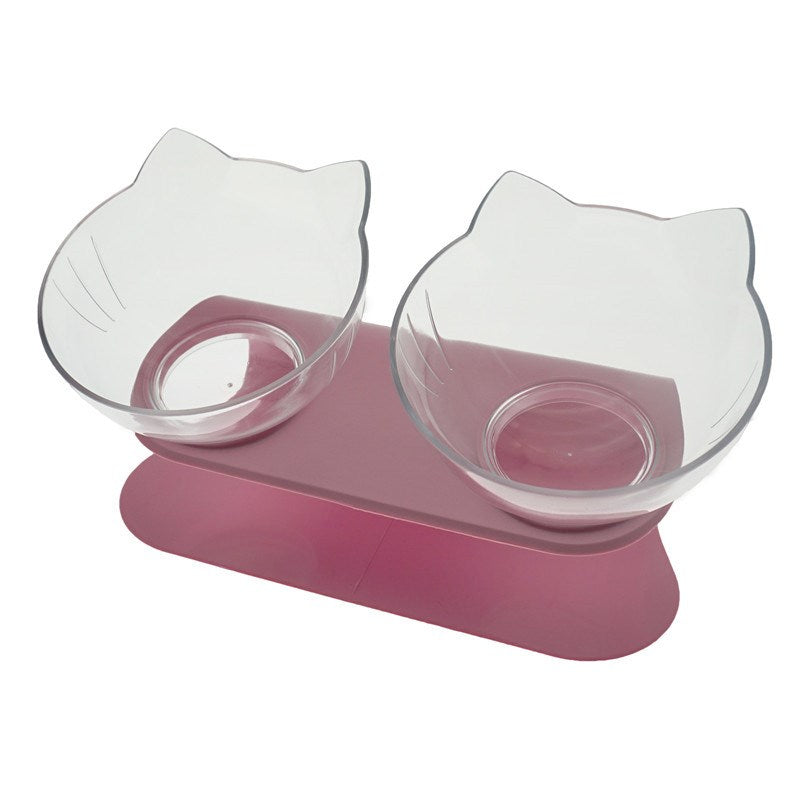 Pink elevated cat bowl with ergonomic tilted design