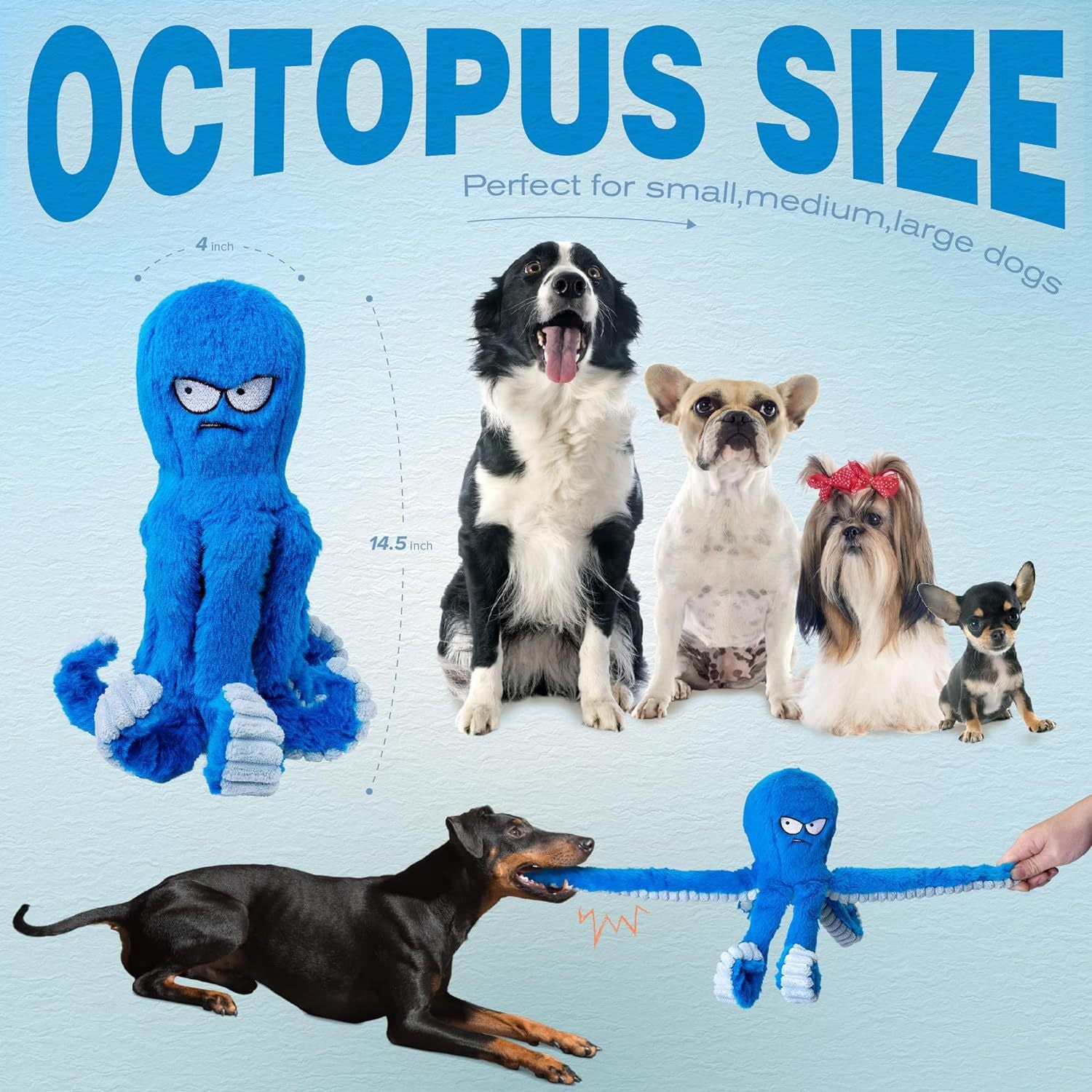 Blue squeaky octopus dog toy for chewing, tugging, and interactive play