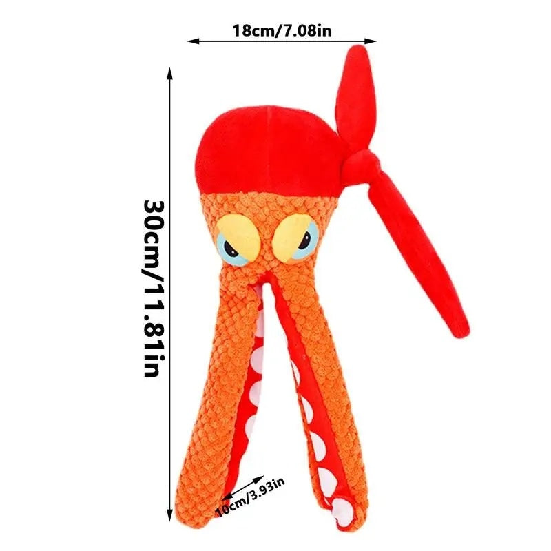 Orange plush octopus squeaky dog toy with multiple textured tentacles