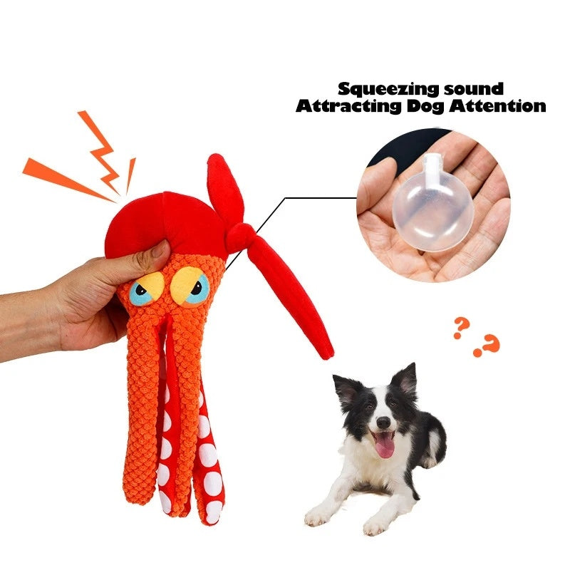 Close-up of textured tentacle and squeaker feature on plush octopus dog toy