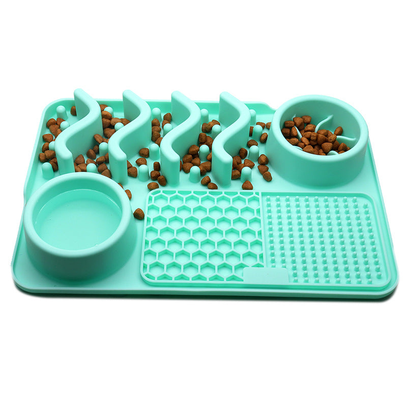 Teal small silicone dog slow feeder mat with raised ridges, water bowl, and licking pad compartments