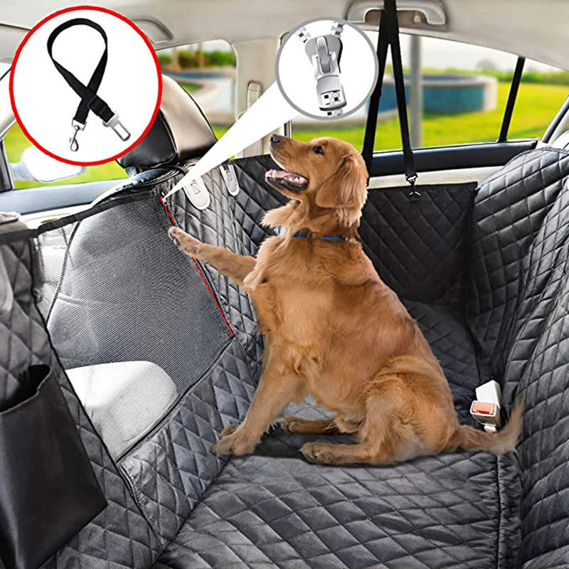 Waterproof dog car seat cover protecting the back seat from pet hair, scratches, and dirt