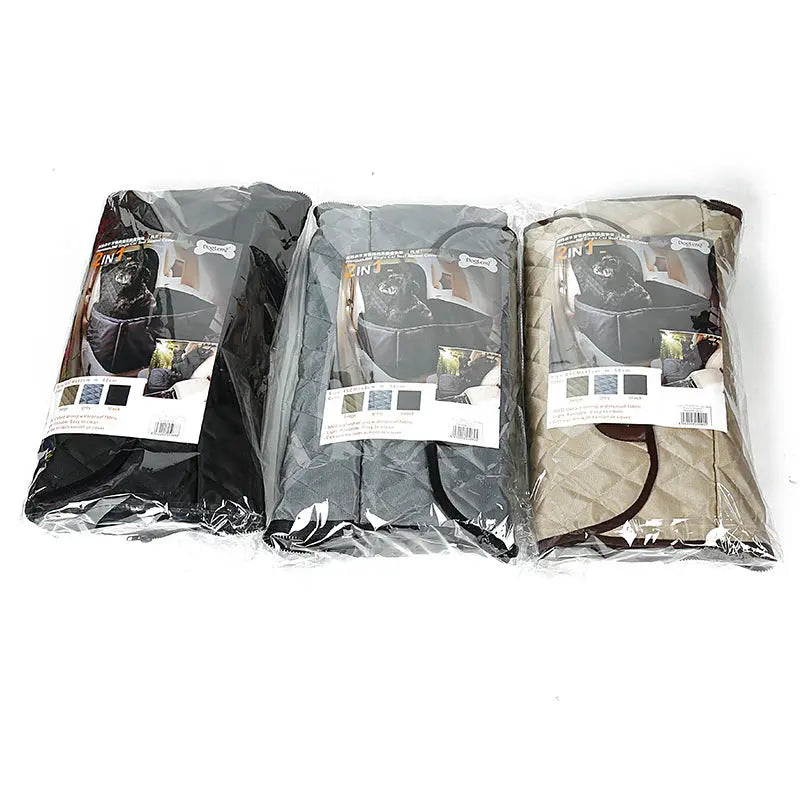 Waterproof front seat dog car seat covers packaged in black, gray, and apricot color options
